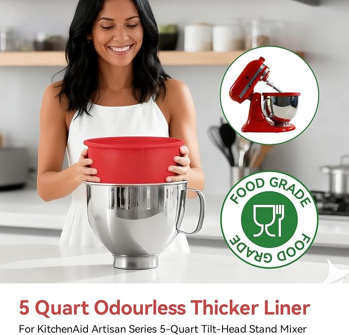 Silicone Liner for KitchenAid 5 Qt Tilt-Head Stand Mixer, Odourless,Thicker, Cold/Heat-Resistant & Non-Stick, Easy Clean, Fits 5 Quart Mixing Bowl with Lid