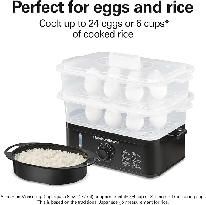 Hamilton Beach Electric Food Steamer, Rice Cooker & Egg Boiler | For Quick Healthy Cooking | 9.5 Qt. Stackable Three-Tier Bowls For Vegetables and Seafood | Auto Shutoff | Black