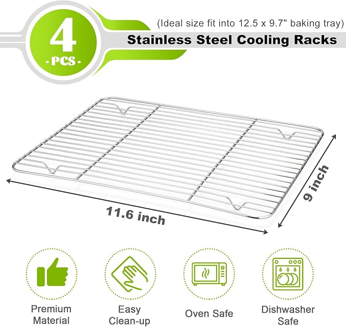 P&P CHEF 4 Pcs Baking Wire Rack for Cooling, 11.6 Inch | Rectangle Cooling Racks for Cooking and Roasting, Fit for Oven Pan, Healthy & Non-Toxic, Rust Free & Dishwasher Safe