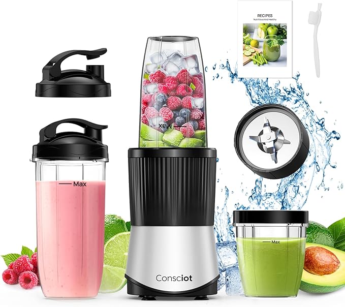 Consciot 11-Piece Blender for Kitchen and Personal Size, 900 Peak Watts | Blend Shakes & Smoothies, Frozen Drinks, Baby Food, Spreads & More, 3 Portable BPA-Free To-Go Cups, 2 Spout-Lids & 1 Flat-Lid