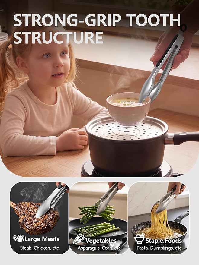 Kitchen Tongs with Teeth for Strong Gripping, 9 and 12-Inch, Black | 5-Layer Heavy Duty Stainless Steel, Good Gripping Teeth Prevent Loss of Food Into The Pot, Pull Lock, Dishwasher Safe, 1500 ℉