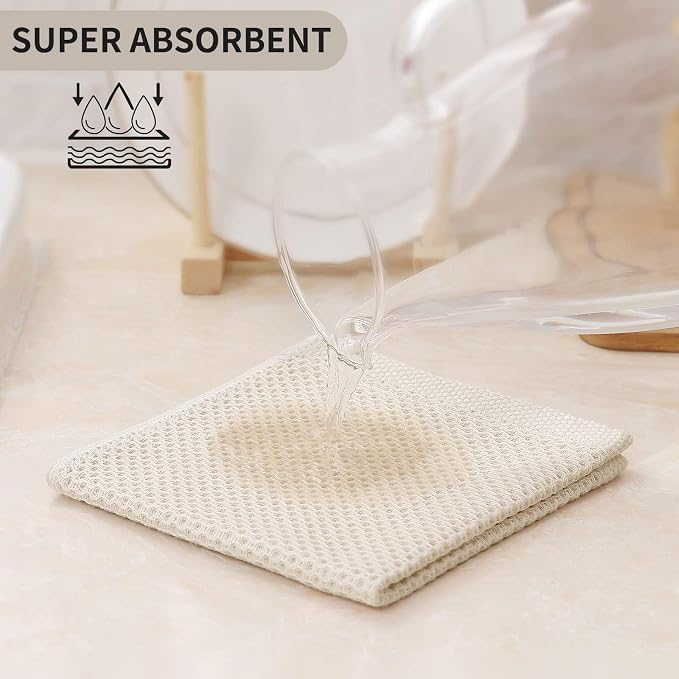Kitinjoy 100% Cotton Waffle 6-Pack Kitchen Towels, 12" x 12", Beige | Ultra Absorbent, Super Soft, lightweight, Quick Drying Dish Rags for Washing Dishes