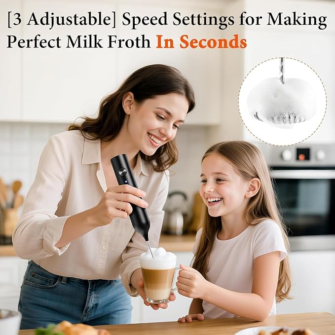Rechargeable Milk Frother Handheld with 3-Speed & 3 Detachable Stainless Whisks with Stand, Electric Whisk Frother Wand, Mixer Wand for Coffee, Lattes, Cappuccino & Matcha