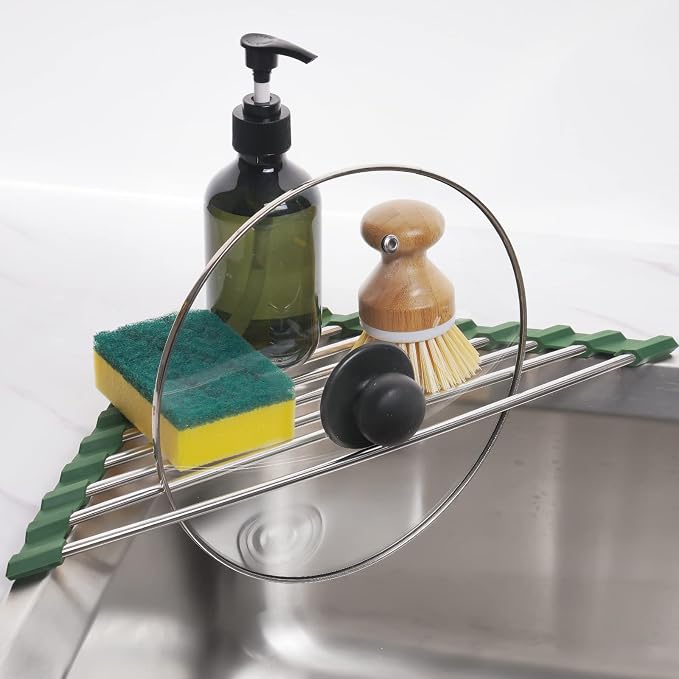 Tomorotec Triangle Roll-Up Dish Drying Rack for Sink Corner Small Foldable Stainless Steel Over The Sink Multipurpose Kitchen Drainer Caddy Organizer Storage Shelf Holder (Olive Green) | BPA-Free Food-Grade Silicone Edges Foldable Waterproof Rustproof ...