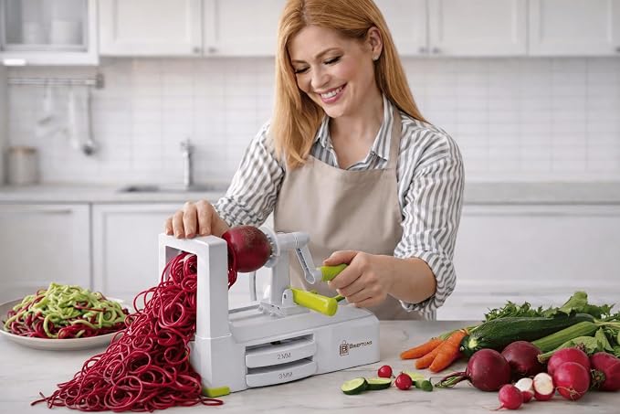 Brieftons 5-Blade Vegetable Spiralizer & Veggie Noodle Maker: Japanese 420-Grade Steel Blades for Zucchini Pasta, Sweet Potato & Beet Noodles, Strong Suction Pad, 4 Recipe eBooks | Keto Vegan Paleo