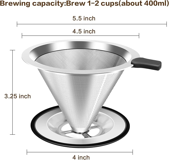 Pour Over Coffee Dripper, Stainless Steel Coffee Filter, Paperless Reusable Coffee Filter, Double Micromesh 600 Mesh Strainer Coffee Maker with Heat-Resistant Silicone Handle & Base (1-2 Cups)