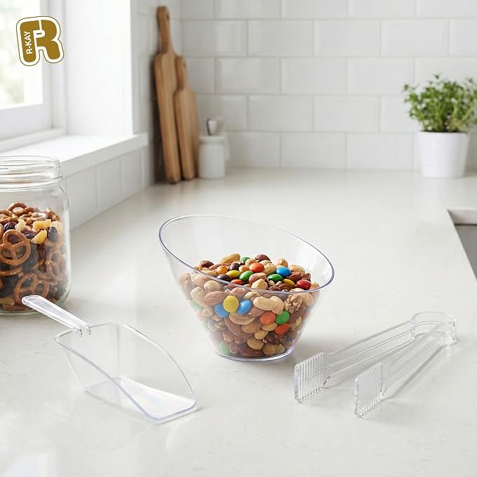R-kay 36 Pcs Candy Bowls And Plastic Scoops Set - 18 Clear Small Plastic Bowls 6 Oz, 9 Plastic Scoops And 9 Small Tongs Buffet Containers Set Heavy Duty