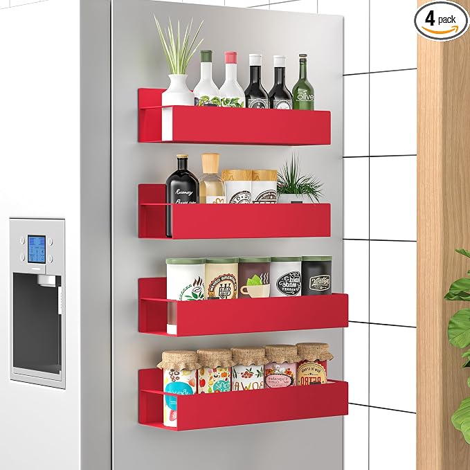 4 Pack Magnetic Spice Storage Rack Organizer for Refrigerator and Oven, Red Fridge Organizers and Storage | Magnetic Shelves Heavy Duty for Fridge in Kitchen, Seasoning Storage Organizer, For Oven Washer and Dryer, For Heavier Items