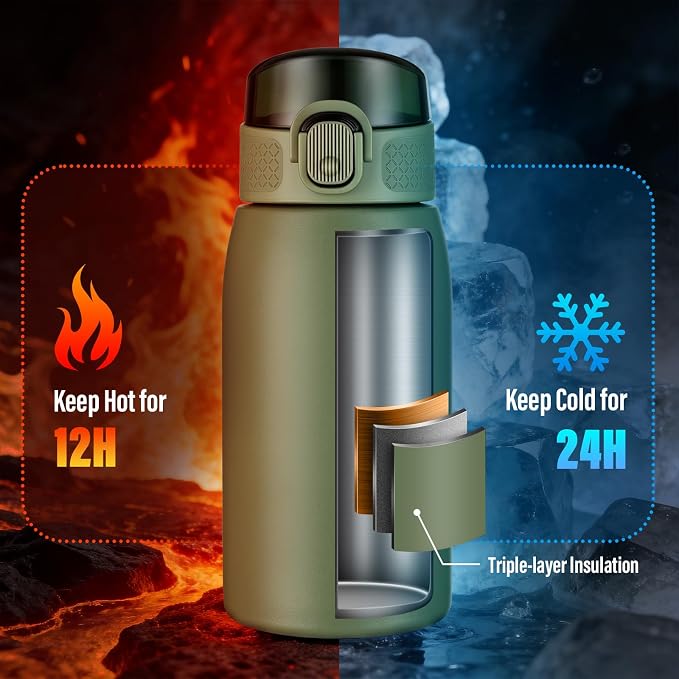 Insulated Water Bottle 12 oz with Dustproof Lid, Carry Handle & Tea Infuser, BPA-Free & Leakproof, Stainless Steel Water Bottles Ideal for Fitness, Hiking, Office & Outdoor Use （Olive Green ）