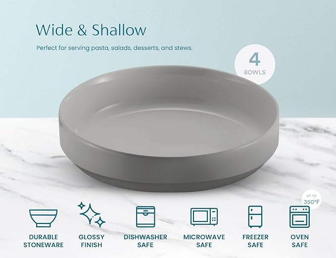KooK Ceramic Large Pasta Bowls, Microwave and Dishwasher Safe, Great for Soups and Salads, Shallow Serving Bowls, Glossy Porcelain, 47 oz, Set of 4, Powder Grey