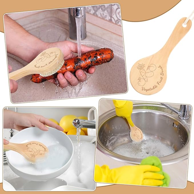 Long Handle Vegetable Scrubber, Veggie Fruit Potato Brush | Firm Bristles, Hanging Rope Wood Veggie Wash Scrubber, Carrot Cucumber Corn Tableware Cleaning, Kitchens Camping Brush Tool