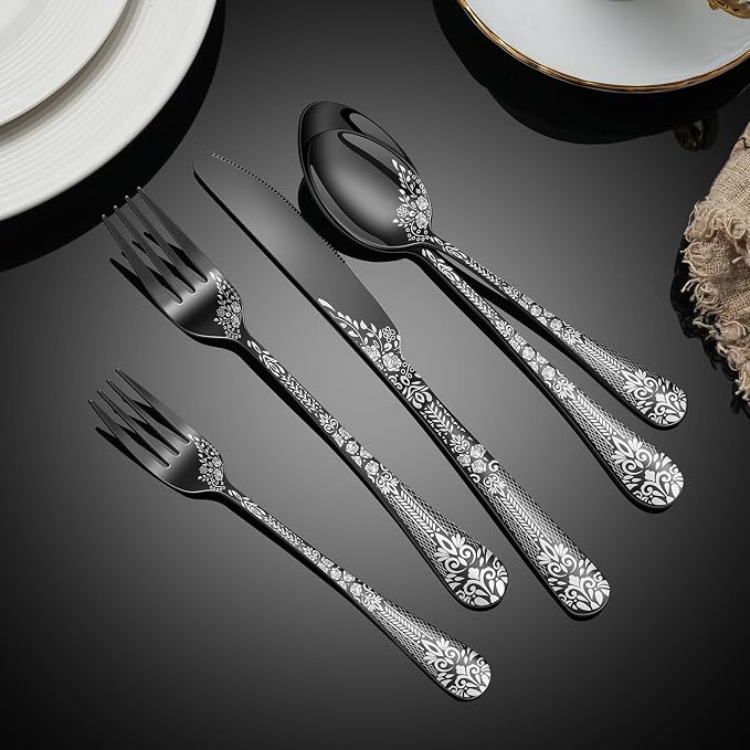 40 Piece Black Silverware Set, Stainless Steel Flatware Cutlery Set Service for 8, Mirror Polished Tableware Eating Utensils Set for Home Kitchen, Include Knife Fork Spoon Set, Dishwasher Safe