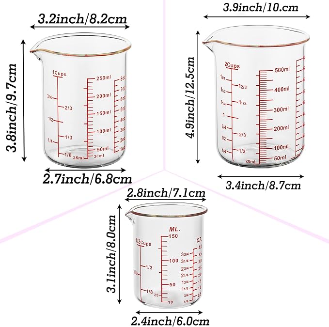 3 Piece Glass Measuring Cup Set, Includes 1/2-Cup, 1-Cup, and 2-Cup High Borosilicate Glasss Liquid Measuring Cups, Dishwasher, Freezer, Microwave, and Preheated Oven Safe, Essential Kitchen Tools