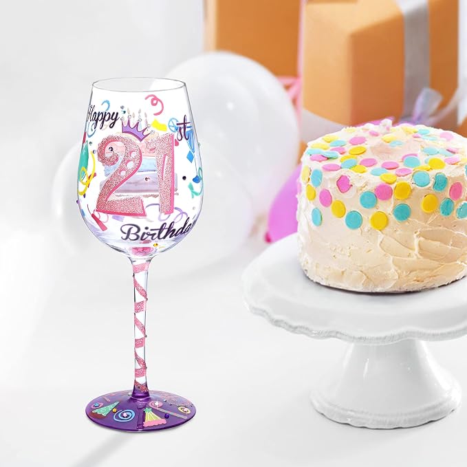 NymphFable 21st Birthday Hand-Painted Wine Glass Gift for Her, 15 oz | Gift-Boxed for Her 21st Birthday, Hand-Blown Goblet, Artisan-Painted Milestone Number Art, Everyday Use, Hand Wash Only