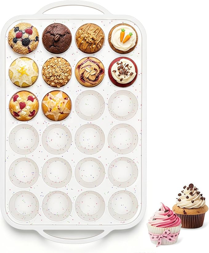 Vinino Mini Muffin Pan with Metal Reinforced Frame-1Pack, Silicone Cupcake Pan for Baking 24 Cup Mini Size, BPA Free Silicone Muffin Tray, Cupcake Baking Pan Molds for Oven Dishwasher Safe-Cream