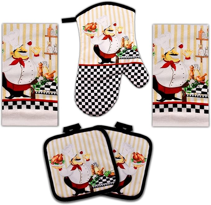 Chubby Uniformed Chef Design, 5 Piece Set | Kitchen Towel Set with 2 Decorative Dish Towels (25 X15), 1 Oven Mitt (11 X 7) and 2 Potholders (6.5 X 6.5)