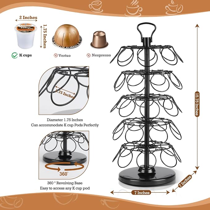 K Cup Holder 40 Pods Capacity, Coffee Pods Holder Storage Organizer Stand | K Cup Carousel, 360°Rotating K Cup Organizer, Easy-Grip Top Handle,Space-Saving for Countertop, K Cups Holder Easy Assembly
