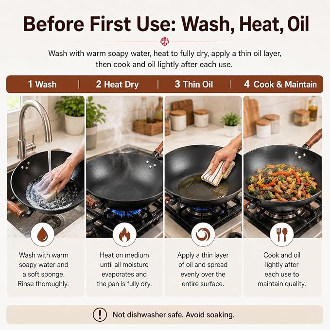 WANGYUANJI 14.2 Inch Cast Iron Wok with Wooden Lid & Handle, Flat Bottom Stir Fry Wok Pan, Turtle-Pattern Textured Uncoated Large Wok Skillet for Induction, Gas & Electric (Seasoning Required) | Uncoated cast iron wok with wood lid for induction, gas a...