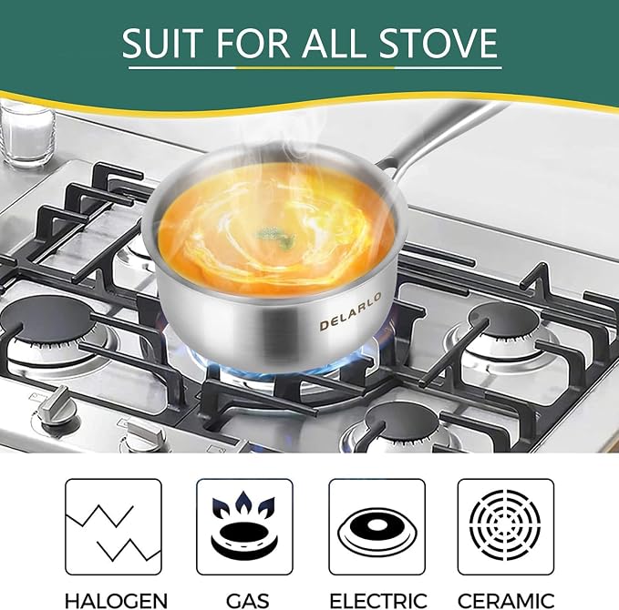 DELARLO Full-body Clad Tri-ply Stainless Steel 1.5 Quart Saucepan with Lid | Small Stainless Steel Pot Induction Cooking Sauce Pot Pan, Heavy Duty Saucier Cookware, PFOA&PTFE Free