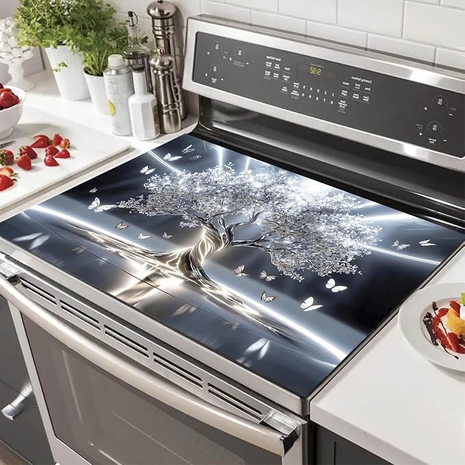 HOMETITUTE Silver Tree Stove Top Cover 28x20 Tree of Life Diatomite Mat