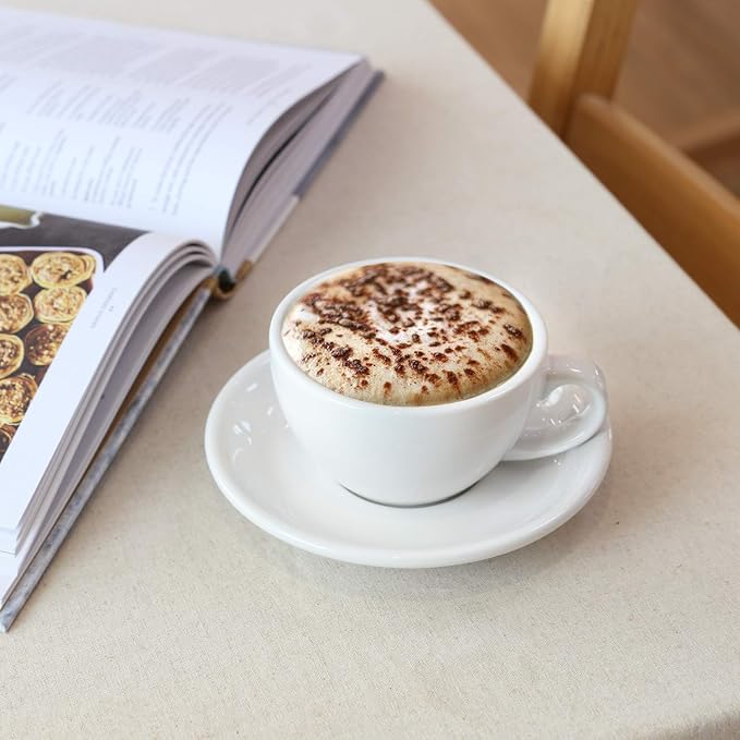 LE TAUCI 6 oz Cappuccino Cups with Saucers, Set of 4 Ceramic Coffee Cup and Saucer Set for Latte, Au Lait, Flat White, Mocha, Tea, Embossed Coffee Cups, White