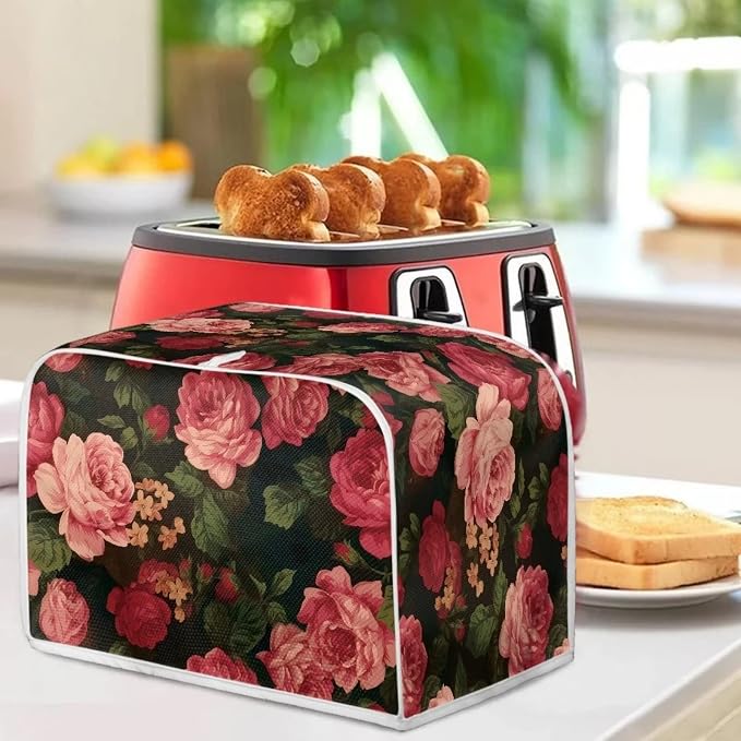 Flower Peony Toaster Cover - 2 Slide Wide Slot Small Appliance Decoration Accessory, Dustproof Bakeware Cover, Red