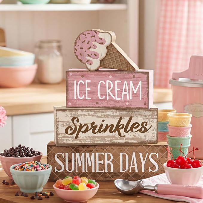 Lineshading 4 Pcs Ice Cream Summer Tiered Tray Decor Table Block Signs | Wooden Farmhouse Rustic Home Decorations, Kitchen Tabletop Centerpieces, Ice Cream Theme Sprinkles Design, Summer Gift