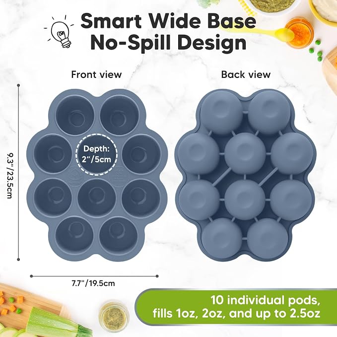 KeaBabies Silicone Food Freezer Trays with Lid, 2oz x 10 Pods (Slate) | Baby Food Storage Containers, Easy Puree Meal Prep, Breast Milk Silicone Freezer Molds, Dishwasher, Microwave Safe, BPA-Free