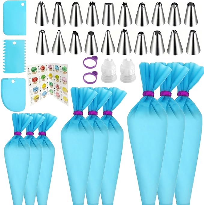Reusable Piping Bags and Tips Set - Silicone Pastry Bags 3X (12’’+14’’+16’’) with Icing & Frosting Tips for Cake Decorating, Cupcakes, Cookies, Deviled Eggs, and Baking Accessories, Baking Tools Kit