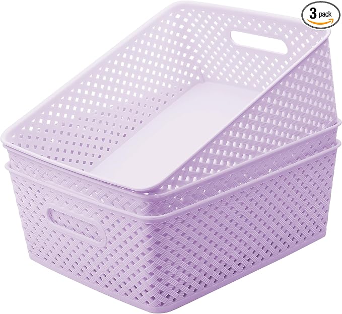 MaxGear 3 Pack Plastic Storage Baskets, Large, Purple | Durable Woven Plastic with Built-In Handles, Suitable for Shelves, Closets, Cabinets, Bathrooms and Offices