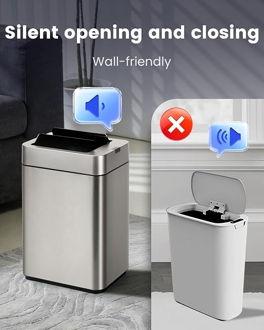 ELPHECO Slim Bathroom Trash Can with Lid 2.6 Gallon Smart Trash Can Silver | Motion Sensor Butterfly Lid Garbage Can Automatic Stainless Steel Wastebasket Bathroom Decor for Bedroom Office Toilet