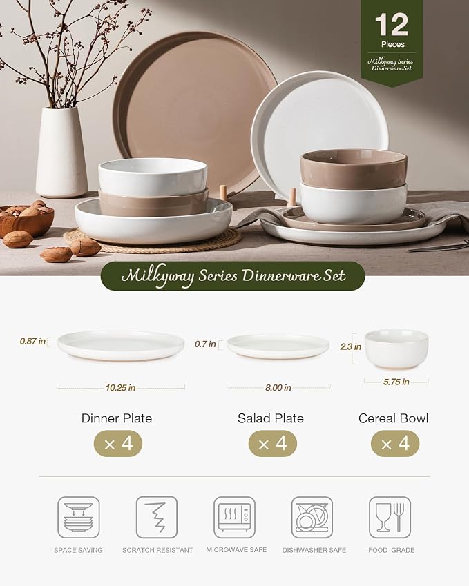 Famiware Milkyway 12-Piece Stoneware Dinnerware Set, White & Cinnamon Brown | Plates and Bowls for 4, Dishes Set for Everyday & Formal Use, Microwave & Dishwasher Safe, Chip & Scratch Resistant