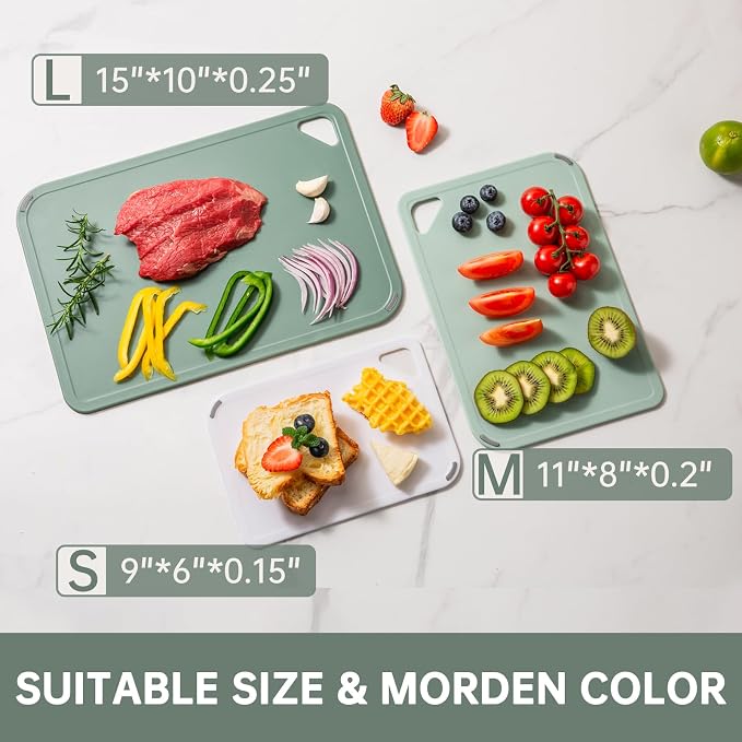 Plastic Cutting Board Set of 3-Cutting Boards for Kitchen BPA Free | Large-Small Chopping Boards, Non-Slip for Cooking, Dishwasher Safe, Camping, Portable, with Grip Handle, Sage Green