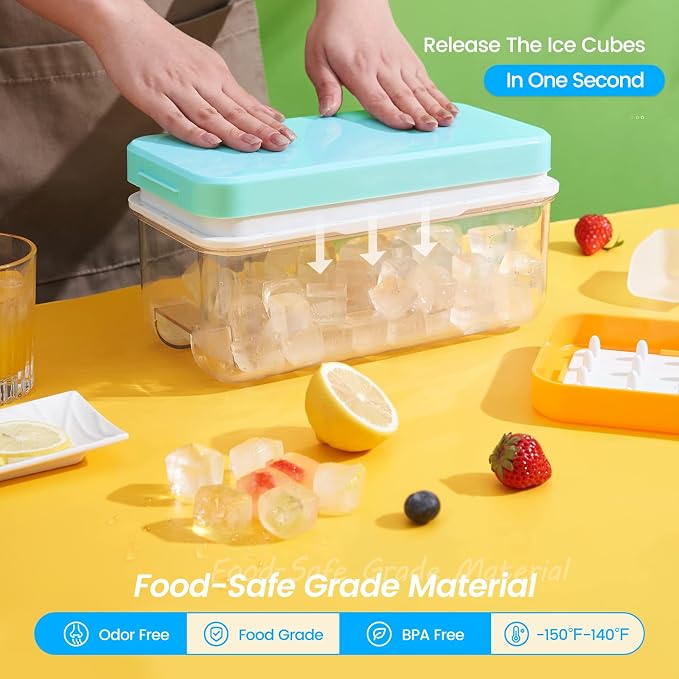 1" Ice Cube Tray with Lid and Bin, Easy Release 96 Cubes for Freezer | Food-grade BPA-free PP and ABS. 1" x 96pcs ice cubes for fruit whiskey, cocktails. Space-saving, stackable with scoop