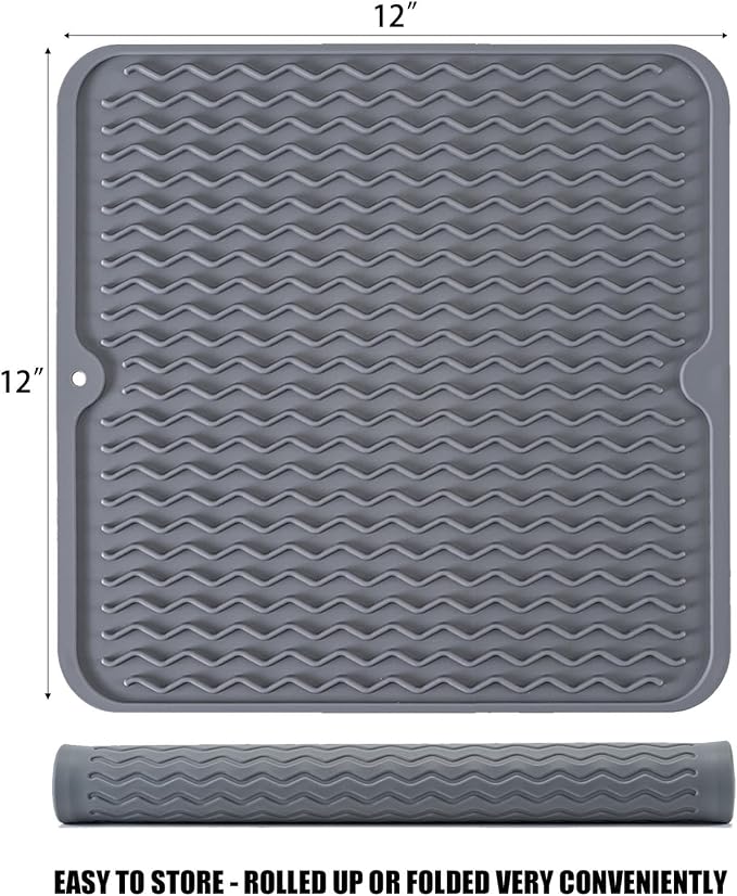 Silicone Dish Drying Mat, Non-Slip Easy Clean Sink Mat, Grey, 12" x 12" | Quick-Dry Ridges, Large Heat-resistant Dish Drainer Mat for Kitchen Counter, Hangable & Roll-Up for Storage, Dishwasher Safe