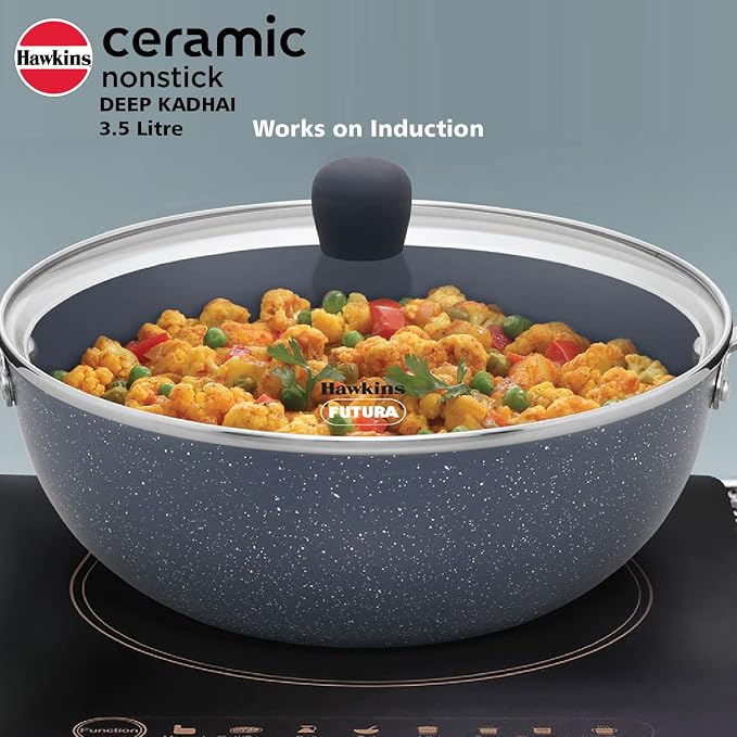 HAWKINS Ceramic Nonstick 3.5 Litre Deep Kadhai, Induction Deep Fry Pan with Glass Lid, Granite Kadai (ICK35G)