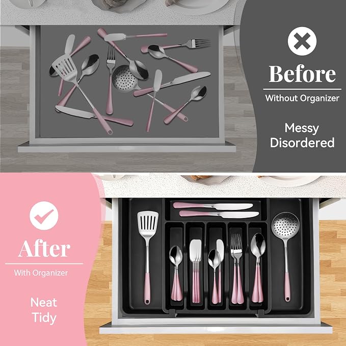 30 Pieces Silverware Set with Organizer, Stainless Steel Cutlery Set Flatware Set for 6 Person, Tableware Set Includes Dinner Knives Forks Spoons Teaspoons Butter Knives (PinK Silver-30PCS)