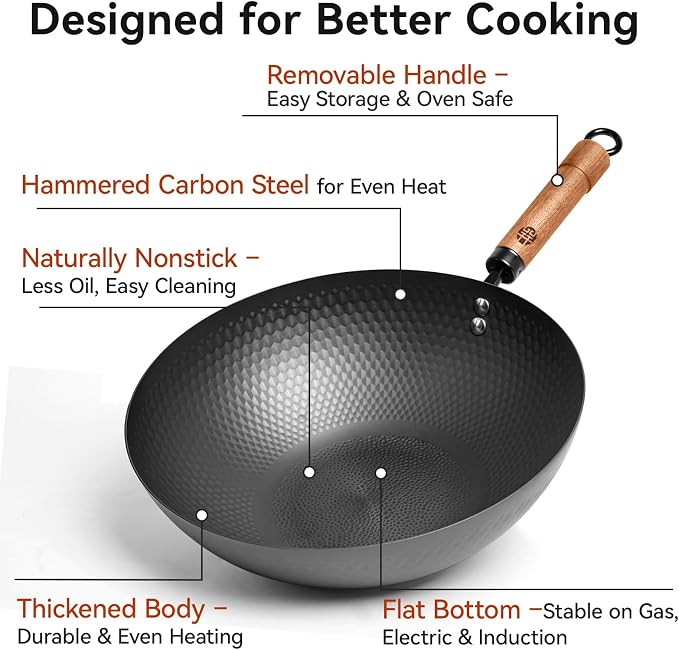 WANGYUANJI Carbon Steel Wok Pan with Lid, 12.6" Hammered Stir Fry Pan, Thickened Heavy Duty Flat Bottom Wok for Electric, Induction & Gas Stoves, Detachable Wood Handle, No Chemical Coating (Black)
