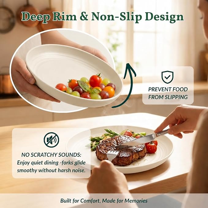 Dessert Plates - 8 Inch Wheat Straw Plates Set, Dinner Plates Set of 8, Appetizer Plates, Lightweight Unbreakable Plates, Microwave Safe Plates, Deep Plates for Dinner - Beige
