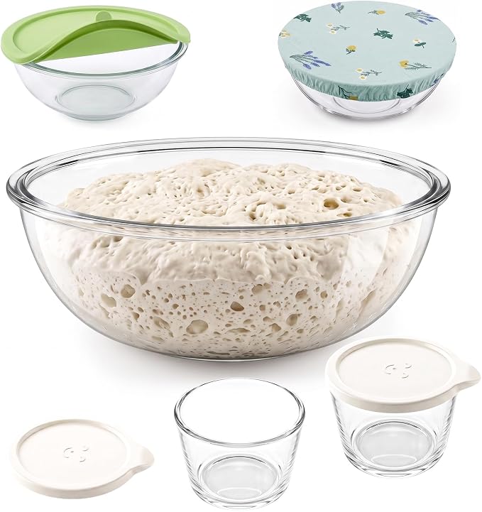 Physkoa 6.3 Qt Glass Sourdough Bowl Kit & 2 Pack 8oz Prep Bowls with Lid | Includes Silicone Lid & Breathable Fabric Cover; Heavy Duty Borosilicate Glass, Perfect for Dough Fermentation & Home Baking