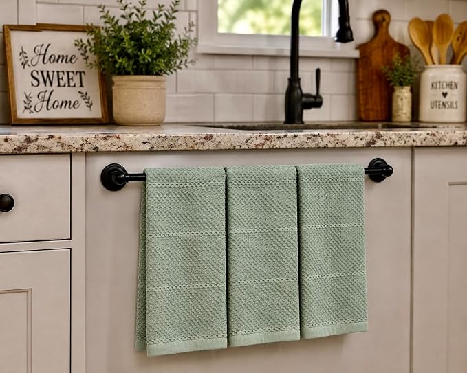 Sage Green Kitchen Hand Dish Towels, Set of 3, 100% Cotton, 18" x 28" | Terry Loop Textured, Soft & Absorbent Cleaning Cloth, Quick Dry, Multipurpose for Everyday Use