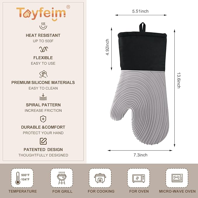 Silicone Oven Mitts-13.6 in Extended Oven Mitts Heat Resistant 500F, Oven Gloves with Soft Liner Good Grippy BPA-Free Easy to Clean Flexible-Oven Mits Set for Cooking Baking Grilling BBQ