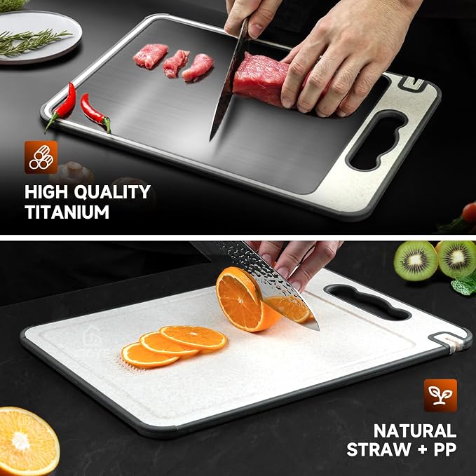 Titanium Cutting Board, Double Sided Chopping Board for Kitchen, Non Toxic Non Slip Cutting Board 14.37"*9.84", Food-Grade, Dishwasher Safe (1PCS of Pack,1 side Titanium Other side Wheat Straw PP)