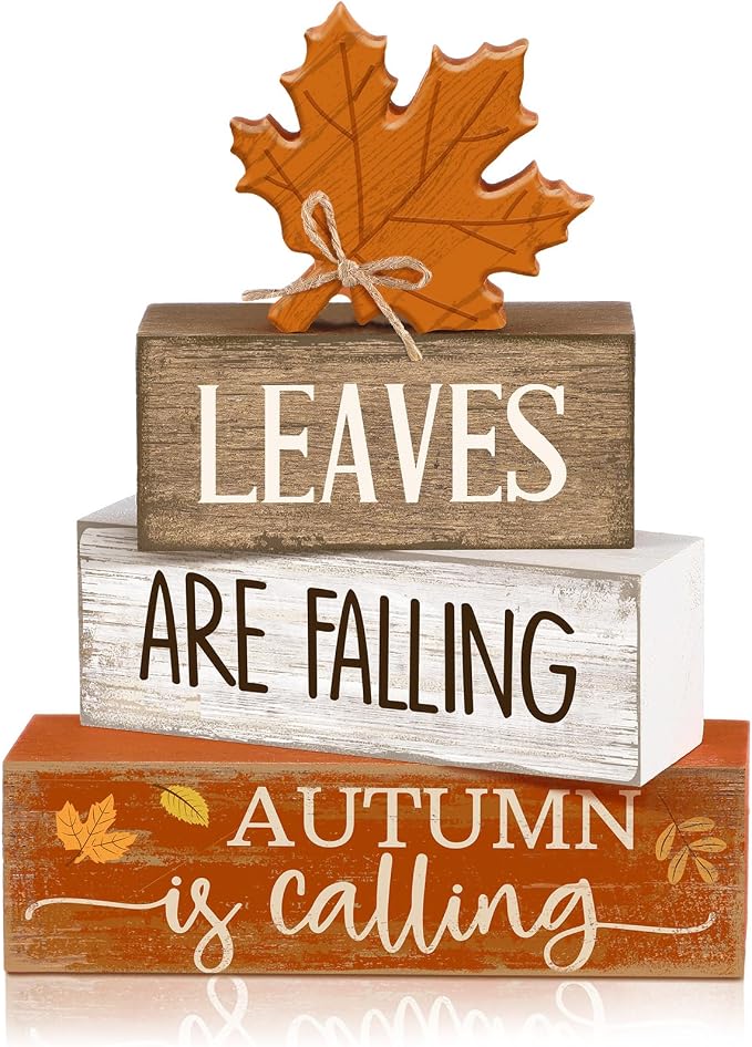 Lineshading 4 Pcs Autumn Block Signs, Farmhouse Tiered Tray Decor | Stacked Signs with Maple Leaf, Fall Tabletop Centerpiece, Mantle Shelf Display, Back to School Autumn Decoration