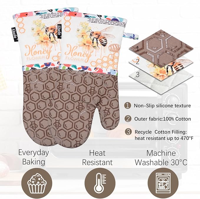 Alselo Oven Mitts 1 Pair, Silicone Printed Kitchen Mittens,7"x13.5" | Heat Resistant & Non-Slip Oven Gloves, Fashion Animal Design with Soft Quilted Cotton Lining for Baking Cooking BBQ (Khaki 2)