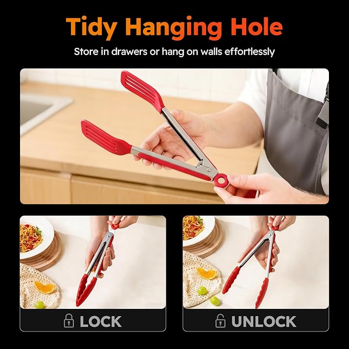 HST 3 Pack Kitchen Tongs, Non Stick Stainless Steel 9 Inch Tongs With Silicone Tip for Cooking BBQ Baking(Red)