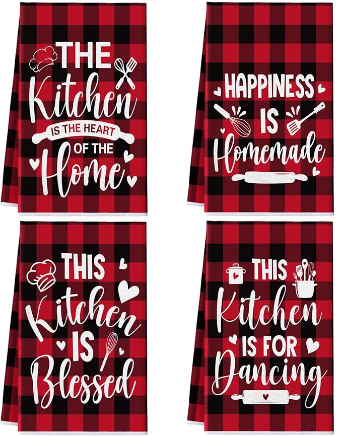 4 Pcs Red Black Kitchen Towels Happiness Dish Towels Gifts | Heart of the Home Decorative Hand Tea Dishcloths with Hanging Loop Housewarming Gift for Home Funny Kitchen Decor Accessories