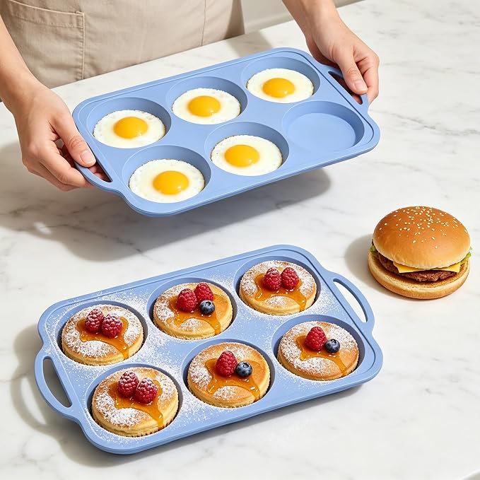 Nonstick Silicone Muffin Top Pan: 6-Cavity 4 Inch Jumbo Silicone Egg Mold | 2 Pcs with Metal Frame for Baking Breakfast Sandwich Hamburger Buns Whoopie Pie Egg Bites - Easy Clean Oven Safe Toeusog