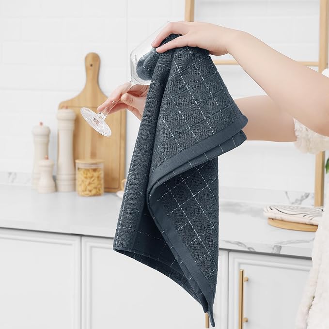 Homaxy Kitchen Towels and Dishcloths Set, Set of 16, Dark Grey | Bulk Cotton Terry Kitchen Towels, Checkered Designed, Soft and Super Absorbent Dish Towels, 12 x 12 and 13 x 28 Inches
