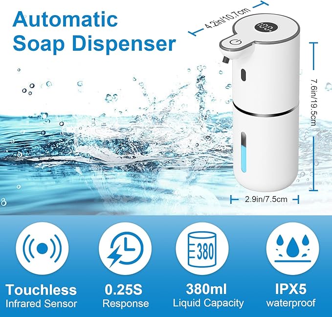 OHIFAST 2 Pack Automatic Liquid Soap Dispenser Touchless, USB Rechargeable Smart Hand Soap Dispenser, 6-Level Adjustable, 12.8oz/380mL Wall Mount for Bathroom Kitchen Dish Soap-White